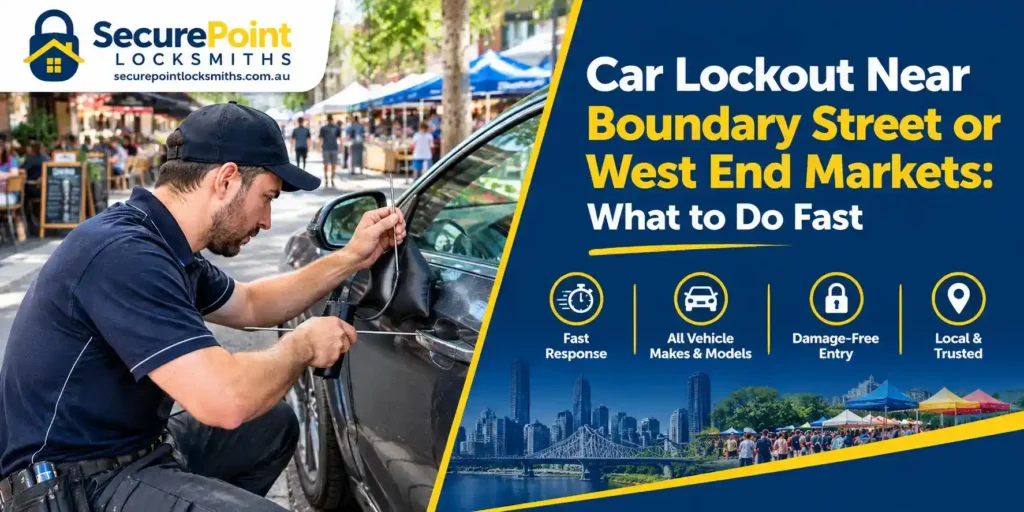 Locksmith using a non-destructive inflatable wedge tool to unlock a car parked near West End Markets