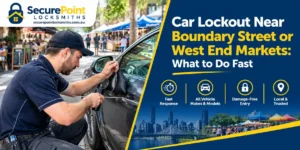 Locksmith using a non-destructive inflatable wedge tool to unlock a car parked near West End Markets