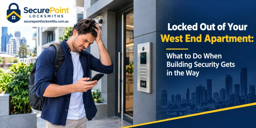 Man locked out of his West End apartment, checking his phone beside a building intercom and fob entry panel