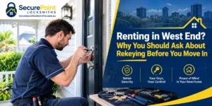 Locksmith rekeying a deadbolt lock on a rental property's front door in West End