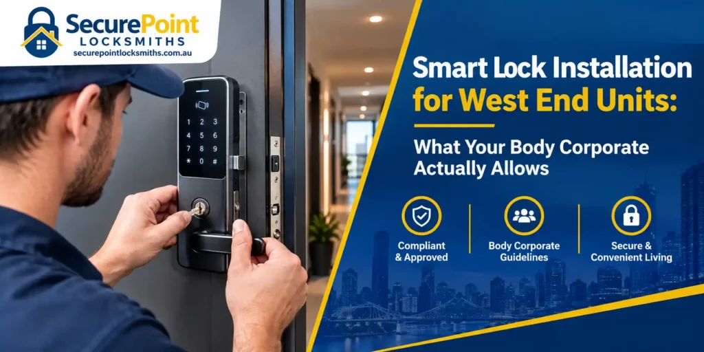 Locksmith installing a smart lock with keypad and mechanical key override on a West End apartment unit door