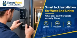 Locksmith installing a smart lock with keypad and mechanical key override on a West End apartment unit door
